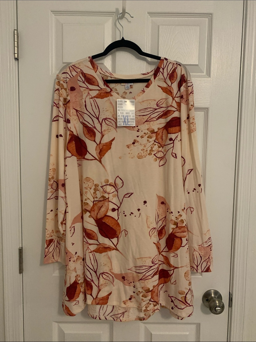 LuLaRoe Light Pink Tunic with Rust and Burnt Orange Leaf Design